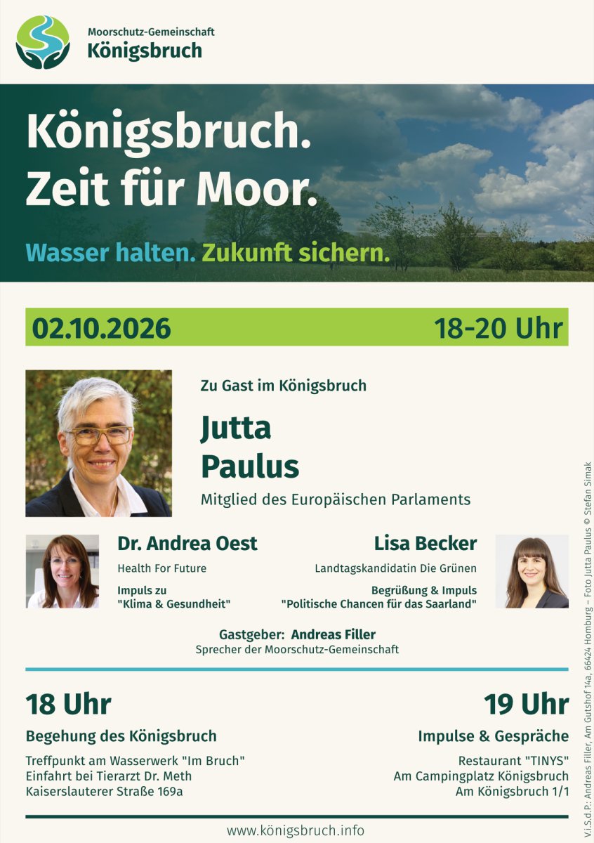 Veranstaltungsflyer: Königsbruch. Zeit für Moor. Am 2. Oktober 2026 von 18 bis 20 Uhr mit Jutta Paulus, Dr. Andrea Oest und Lisa Becker.